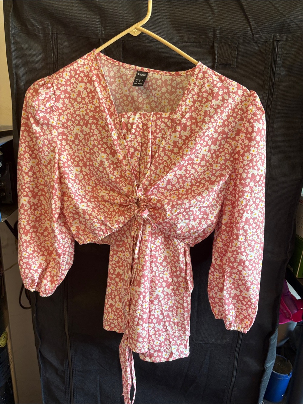 SHEIN Pink Ditsy Floral Tie-Front Crop Blouse with matching wrap midi skirt